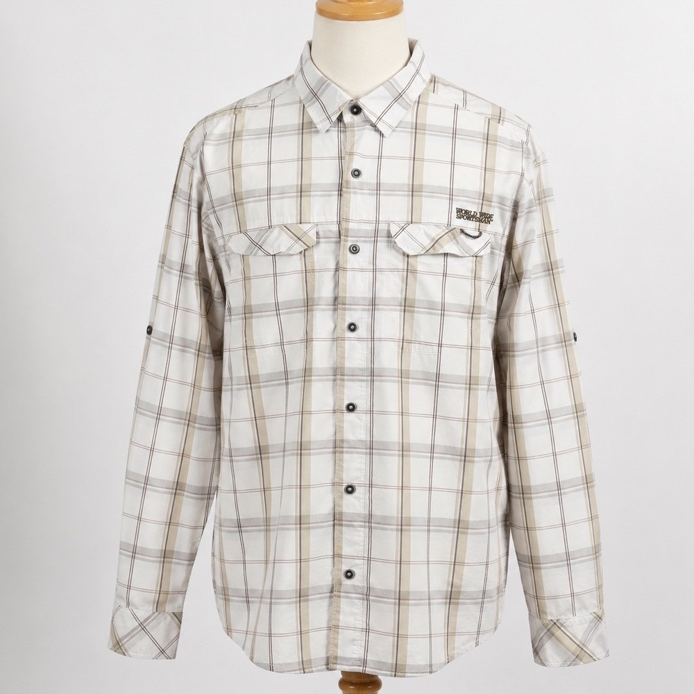 World Wide Sportsman Mens Large Fishing Shirt Plaid Long Sleeve Button Down Tan